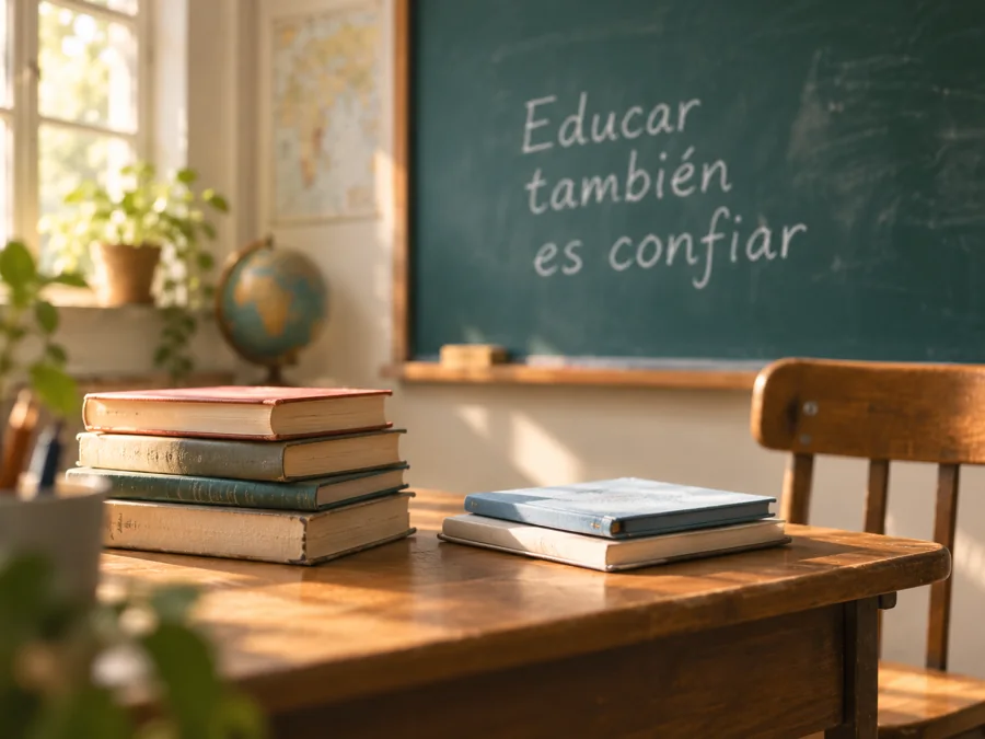 Libros en un aula junto al pizarrón